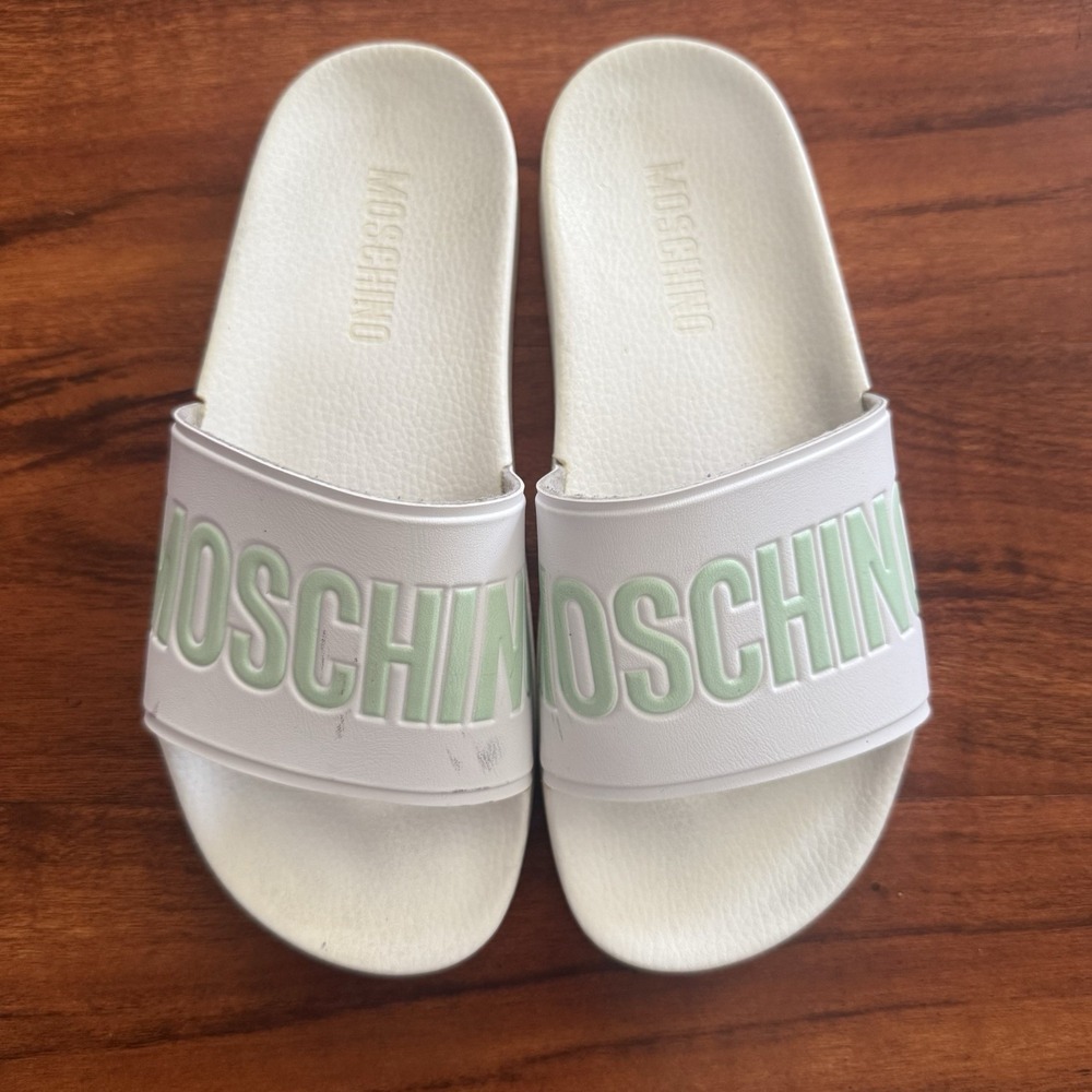 Moschino Logo Slip On Slides White & Green Women's Size 36 Please Read